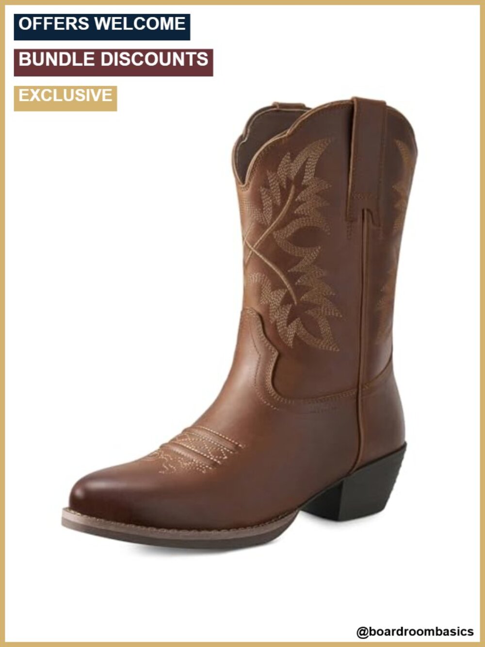 Genuine Leather Western Cowboy Boots Round Toe Mid Calf Pull On